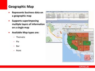 Copyright © 2006 Oracle Corporation
Geographic Map
 Represents business data on
a geographic map
 Supports superimposing
multiple layers of information
on a single map
 Available Map types are:
- Thematic
- Pie
- Bar
- Point
 
