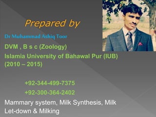 Dr Muhammad Ashiq Toor
DVM , B s c (Zoology)
Islamia University of Bahawal Pur (IUB)
(2010 – 2015)
+92-344-499-7375
+92-300-364-2402
Mammary system, Milk Synthesis, Milk
Let-down & Milking
 