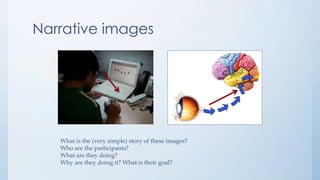 Narrative images
What is the (very simple) story of these images?
Who are the participants?
What are they doing?
Why are they doing it? What is their goal?
 