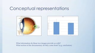Conceptual representations
What information do these two images provide us with?
What section of the documentary do they come from? (e.g. conclusion)
 