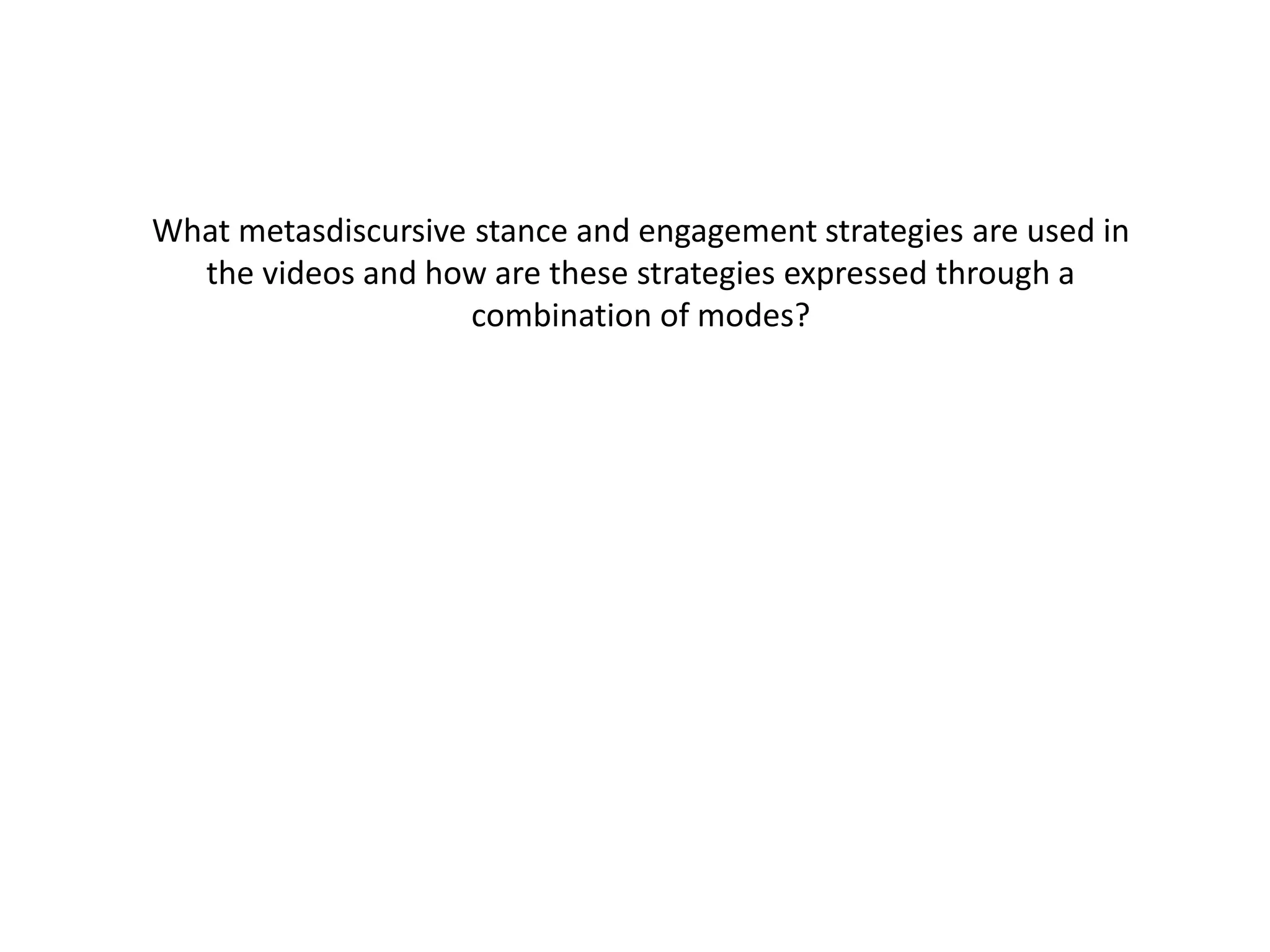 What metasdiscursive stance and engagement strategies are used in
the videos and how are these strategies expressed through a
combination of modes?
 