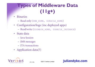 Types of Middleware Data
           (11g+)
• Binaries
   – Read only ($MW_HOME, $ORACLE_HOME)
• Configuration/logs (inc deployed apps)
   – Read/write ($DOMAIN_HOME, $ORACLE_INSTANCE)
• State data
   – Java Session
   – JMS messages
   – JTA transactions
• Application data(?)


               47 (1.2h)   ©2011 Veriton Limited   juliandyke.com
 