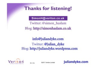 Thanks for listening!

     Twitter: @simon_haslam
  Blog: http://simonhaslam.co.uk

        info@juliandyke.com
       Twitter: @julian_dyke
Blog: http://juliandyke.wordpress.com


     58 (1.2h)   ©2011 Veriton Limited   juliandyke.com
 