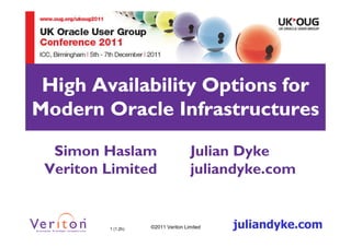 High Availability Options for
Modern Oracle Infrastructures

  Simon Haslam                      Julian Dyke
 Veriton Limited                    juliandyke.com


         1 (1.2h)   ©2011 Veriton Limited   juliandyke.com
 