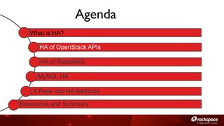 Agenda	

What is HA?
HA of OpenStack APIs
HA of RabbitMQ
MySQL HA
A Peek into HA Methods
Resources and Summary

 