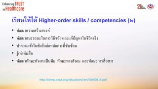 เรียนให้ได้ Higher-order skills / competencies (๒)
• พัฒนาความสร้างสรรค์
• พัฒนาสมรรถนะในการวินิจฉัย และแก้ปัญหาในชีวิตจริง
• ทาความเข้าใจเชิงลึกต่อหลักการที่ซับซ้อน
• รู้เท่าทันสื่อ
• พัฒนาทักษะทางานเป็นทีม ทักษะทางสังคม และทักษะการสื่อสาร
http://www.oecd.org/education/ceri/50300814.pdf
 