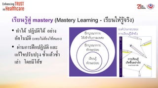 เรียนรู้สู่ mastery (Mastery Learning - เรียนให้รู้จริง)
• ทาได้ ปฏิบัติได้ อย่าง
อัตโนมัติ (แทบไม่ต้องใช้สมอง)
• ผ่านการฝึกปฏิบัติ และ
แก้ไขปรับปรุง ซ้าแล้วซ้า
เล่า โดยมีโค้ช
 