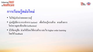 การเรียนรู้สมัยใหม่
• ไม่ใช่มุ่งรับถ่ายทอดความรู้
• มุ่งปฏิบัติการ/กระทาการ (action) เพื่อเรียนรู้ครบด้าน ตามด้วยการ
ใคร่ครวญสะท้อนคิด (reflection)
• มีโค้ช/ครูฝึก ช่วยให้เรียนได้ครบด้าน และใน higher order learning
โดยให้ feedback
 