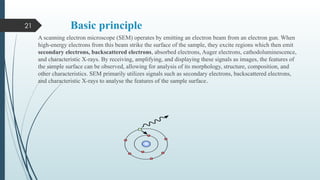 21 Basic principle
A scanning electron microscope (SEM) operates by emitting an electron beam from an electron gun. When
high-energy electrons from this beam strike the surface of the sample, they excite regions which then emit
secondary electrons, backscattered electrons, absorbed electrons, Auger electrons, cathodoluminescence,
and characteristic X-rays. By receiving, amplifying, and displaying these signals as images, the features of
the sample surface can be observed, allowing for analysis of its morphology, structure, composition, and
other characteristics. SEM primarily utilizes signals such as secondary electrons, backscattered electrons,
and characteristic X-rays to analyse the features of the sample surface.
 