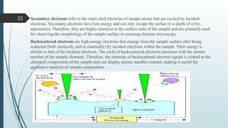 22 Secondary electrons refer to the outer-shell electrons of sample atoms that are excited by incident
electrons. Secondary electrons have low energy and can only escape the surface to a depth of a few
nanometres. Therefore, they are highly sensitive to the surface state of the sample and are primarily used
for observing the morphology of the sample surface in scanning electron microscopy.
Backscattered electrons are high-energy electrons that emerge from the sample surface after being
scattered (both elastically and in elastically) by incident electrons within the sample. Their energy is
similar to that of the incident electrons. The yield of backscattered electrons increases with the atomic
number of the sample elements. Therefore, the intensity of backscattered electron signals is related to the
chemical composition of the sample and can display atomic number contrast, making it useful for
qualitative analysis of sample composition.
 