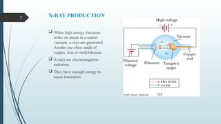 7 X-RAY PRODUCTION
 When high energy electrons
strike an anode in a sealed
vacuum, x-rays are generated.
Anodes are often made of
copper, iron or molybdenum.
 X-rays are electromagnetic
radiation.
 They have enough energy to
cause ionization.
 