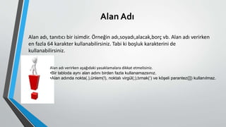 Alan Adı
Alan adı, tanıtıcı bir isimdir. Örneğin adı,soyadı,alacak,borç vb. Alan adı verirken
en fazla 64 karakter kullanabilirsiniz. Tabi ki boşluk karakterini de
kullanabilirsiniz.
Alan adı verirken aşağıdaki yasaklamalara dikkat etmelisiniz.
•Bir tabloda aynı alan adını birden fazla kullanamazsınız.
•Alan adında nokta(.),ünlem(!), noktalı virgül(;),tırnak(‘) ve köşeli parantez([]) kullanılmaz.
 