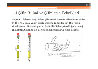 1.1.1.1.ŞŞifre Bilimi veifre Bilimi ve ŞŞifreleme Teknikleriifreleme Teknikleri
Scytale Şifreleme: Kağıt kalem şifrelemesi olarakta adlandırılmaktadır.
M.Ö. 475 yılında Yunan sparta şehrinde kullanılmıştır. Düz metin
silindire sarılı bir şeride yazılır. Şerit silindirden çıkarıldığında mesaj
anlaşılmaz. Çözmek için de yine silindire sarılarak mesaj okunur.
23
YZM 441 – Bilgi Sistemleri Güvenliği
 