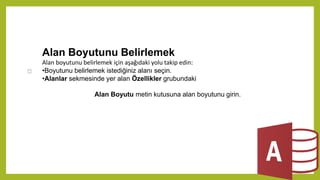 Alan Boyutunu Belirlemek
Alan boyutunu belirlemek için aşağıdaki yolu takip edin:
•Boyutunu belirlemek istediğiniz alanı seçin.
•Alanlar sekmesinde yer alan Özellikler grubundaki
Alan Boyutu metin kutusuna alan boyutunu girin.
 