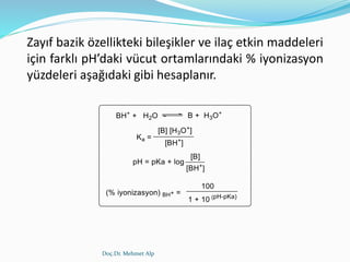 Doç.Dr. Mehmet Alp
Zayıf bazik özellikteki bileşikler ve ilaç etkin maddeleri
için farklı pH’daki vücut ortamlarındaki % iyonizasyon
yüzdeleri aşağıdaki gibi hesaplanır.
 