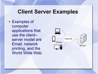 Client Server Examples
● Examples of
computer
applications that
use the client–
server model are
Email, network
printing, and the
World Wide Web.
 