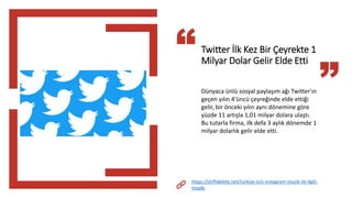 Twitter İlk Kez Bir Çeyrekte 1
Milyar Dolar Gelir Elde Etti
Dünyaca ünlü sosyal paylaşım ağı Twitter'ın
geçen yılın 4'üncü çeyreğinde elde ettiği
gelir, bir önceki yılın aynı dönemine göre
yüzde 11 artışla 1,01 milyar dolara ulaştı.
Bu tutarla firma, ilk defa 3 aylık dönemde 1
milyar dolarlık gelir elde etti.
https://shiftdelete.net/turkiye-icin-instagram-muzik-ile-ilgili-
mujde
 