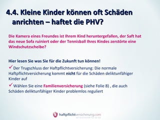 4.4. Kleine Kinder können oft Schäden
  anrichten – haftet die PHV?
Die Kamera eines Freundes ist Ihrem Kind heruntergefallen, der Saft hat
das neue Sofa ruiniert oder der Tennisball Ihres Kindes zerstörte eine
Windschutzscheibe?


Hier lesen Sie was Sie für die Zukunft tun können!
Der Trugschluss der Haftpflichtversicherung: Die normale
Haftpflichtversicherung kommt nicht für die Schäden deliktunfähiger
Kinder auf
Wählen Sie eine Familienversicherung (siehe Folie 8) , die auch
Schäden deliktunfähiger Kinder problemlos reguliert
 