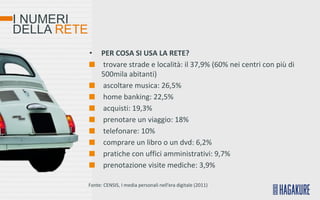 I NUMERI
DELLA RETE
             •     PER COSA SI USA LA RETE?
                   trovare strade e località: il 37,9% (60% nei centri con più di
                   500mila abitanti)
                   ascoltare musica: 26,5%
                   home banking: 22,5%
                   acquisti: 19,3%
                   prenotare un viaggio: 18%
                   telefonare: 10%
                   comprare un libro o un dvd: 6,2%
                   pratiche con uffici amministrativi: 9,7%
                   prenotazione visite mediche: 3,9%

             Fonte: CENSIS, I media personali nell’era digitale (2011)
 