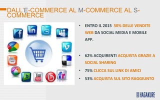 DALL’E-COMMERCE AL M-COMMERCE AL S-
COMMERCE
                  •   ENTRO IL 2015 50% DELLE VENDITE
                      WEB DA SOCIAL MEDIA E MOBILE
                      APP.


                  •   62% ACQUIRENTI ACQUISTA GRAZIE A
                      SOCIAL SHARING
                  •   75% CLICCA SUL LINK DI AMICI
                  •   53% ACQUISTA SUL SITO RAGGIUNTO
 