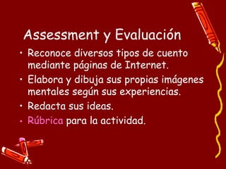Assessment y Evaluación Reconoce diversos tipos de cuento mediante páginas de Internet. Elabora y dibuja sus propias imágenes mentales según sus experiencias. Redacta sus ideas. Rúbrica  para la actividad. 