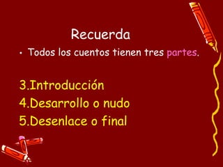 Recuerda Todos los cuentos tienen tres  partes . Introducción  Desarrollo o nudo Desenlace o final 