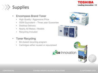 SuppliesEncompass Brand TonerHigh Quality / Aggressive PriceOEM Equivalent – Three year GuaranteeDesktop DeliveryNearly All Makes / ModelsRecycling IncludedToner RecyclingBin-based recycling programCartridges either reused or repurposed