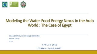 Modeling the Water-Food-Energy Nexus in the Arab
World : The Case of Egypt
ARAB SPATIAL FOR NEXUS MAPPING
HAGAR ELDIDI
IFPRI
APRIL 18, 2016
CONRAD - CAIRO, EGYPT
 
