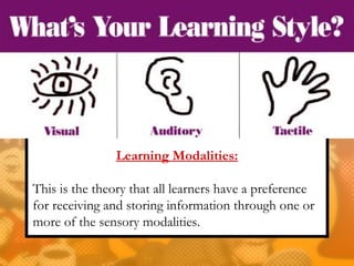 Learning Modalities:

This is the theory that all learners have a preference
for receiving and storing information through one or
more of the sensory modalities.
 