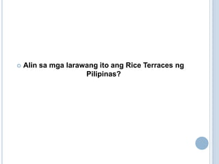  Alin sa mga larawang ito ang Rice Terraces ng
Pilipinas?
 