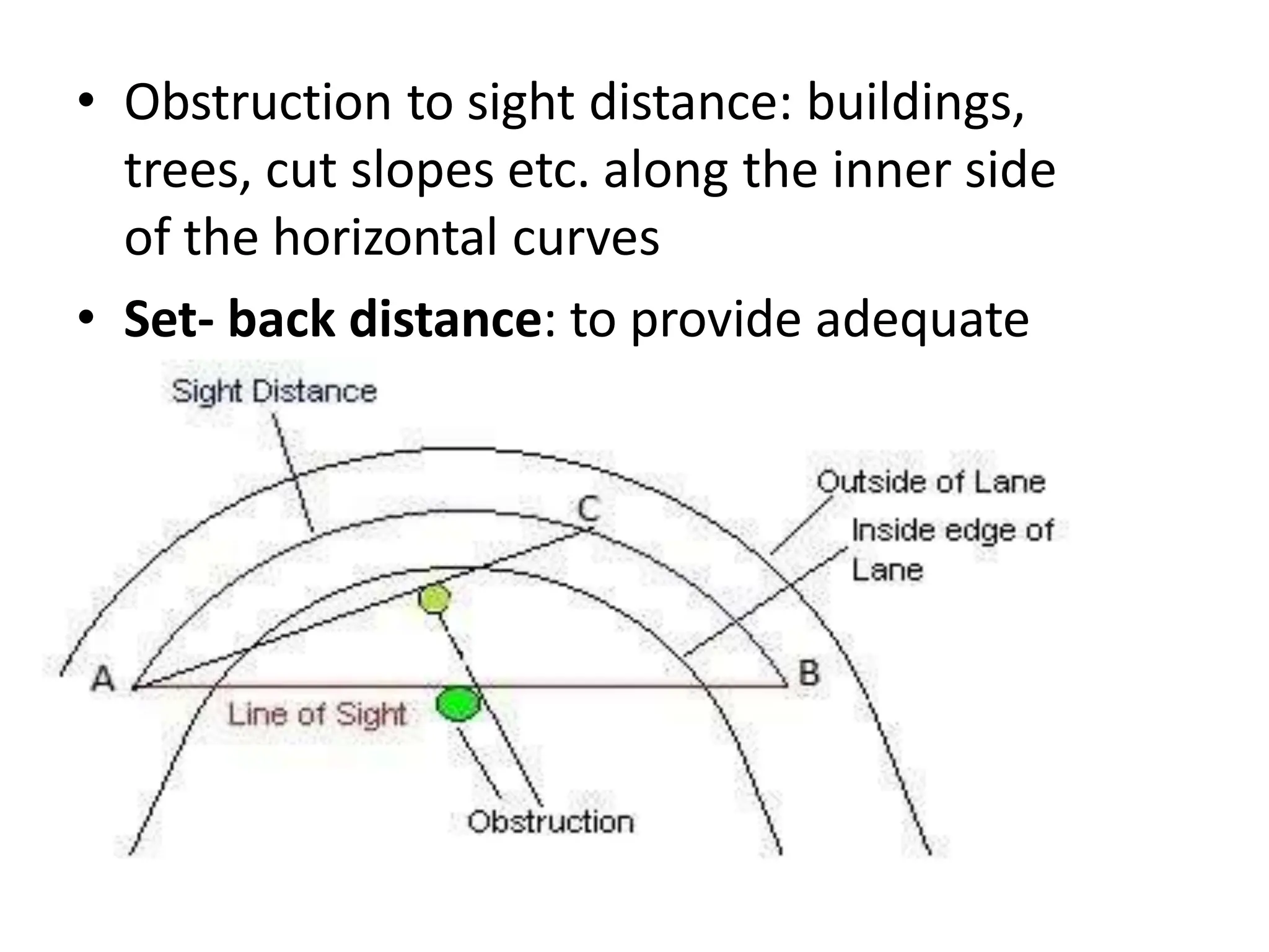 • Obstruction to sight distance: buildings,
trees, cut slopes etc. along the inner side
of the horizontal curves
• Set- back distance: to provide adequate
sight distance on horizontal curves
 