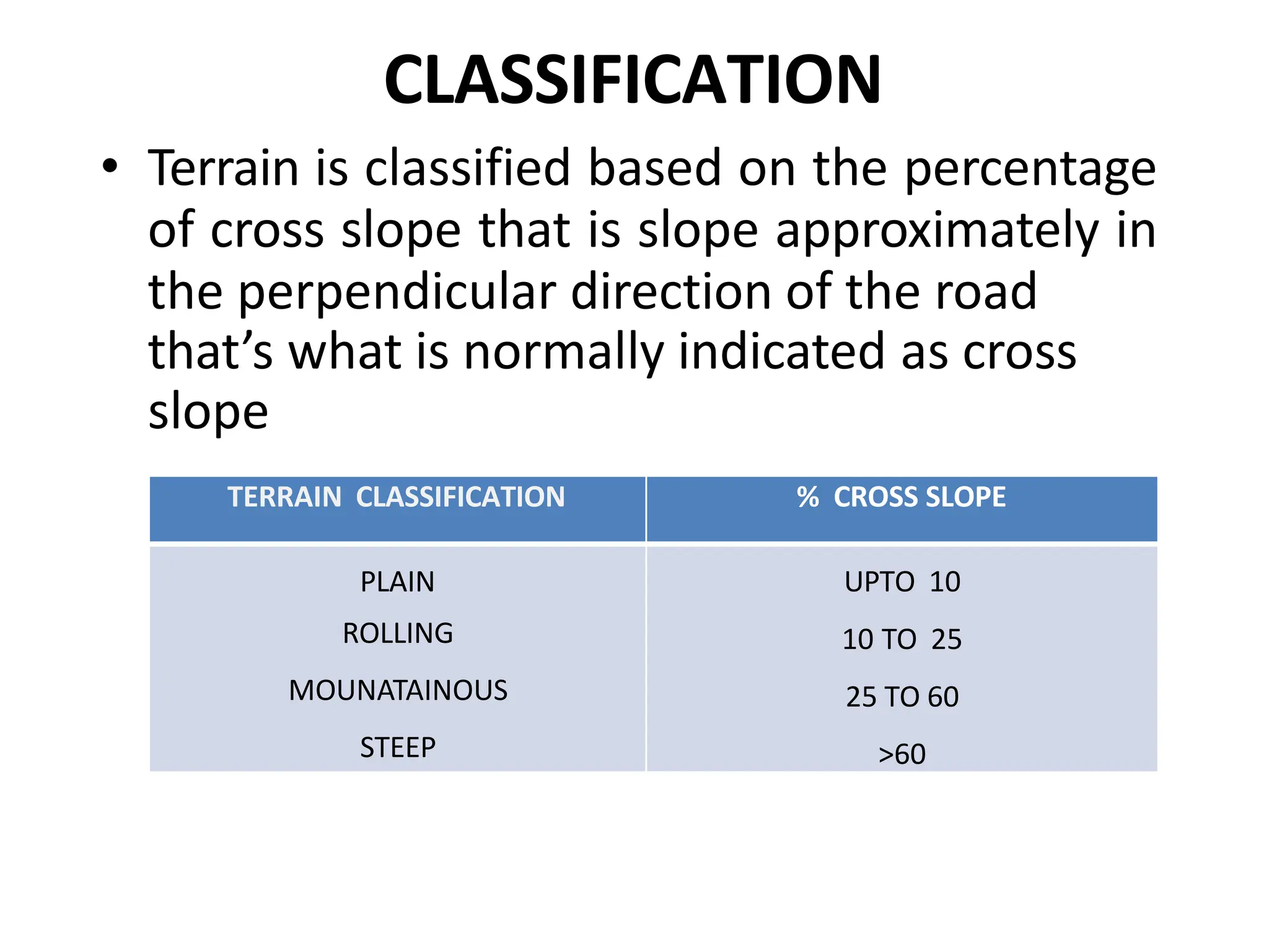 CLASSIFICATION
• Terrain is classified based on the percentage
of cross slope that is slope approximately in
the perpendicular direction of the road
that’s what is normally indicated as cross
slope
TERRAIN CLASSIFICATION % CROSS SLOPE
PLAIN
ROLLING
MOUNATAINOUS
STEEP
UPTO 10
10 TO 25
25 TO 60
>60
 