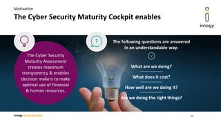 innogy Group Security
The Cyber Security Maturity Cockpit enables
Motivation
The Cyber Security
Maturity Assessment
creates maximum
transparency & enables
decision makers to make
optimal use of financial
& human resources.
The following questions are answered
in an understandable way:
What are we doing?
What does it cost?
How well are we doing it?
Are we doing the right things?
10
 