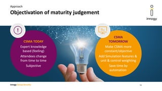 innogy Group Security
Objectivation of maturity judgement
Approach
CSMA TODAY
Expert knowledge
based (feeling)
Attendees change
from time to time
Subjective
CSMA
TOMORROW
Make CSMA more
constant/objective
Add Simulation features &
unit & control weighting
Save time by
automation
16
 