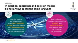 innogy Group Security
In addition, specialists and decision makers
do not always speak the same language
Motivation
Decision makers
are obliged to set
up an EARLY WARNING
SYSTEM and need specific
and COMPREHENSIBLE
information instead of
technical terminology
A methodology is
required to communicate
QUICKLY and
COMPREHENSIBLY
the concrete need for
action to the
decision makers.
9
 
