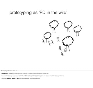 prototyping as ‘PD in the wild’




‘Prototyping in the wild’ allows for:

- co-discovery: how and what is meaningful to p...