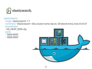 elasticsearch: 
image: elasticsearch:1.7 
command: "elasticsearch -Des.cluster.name=dp-es -Dnetwork.bind_host=0.0.0.0" 
environment: 
- ES_HEAP_SIZE=2g 
ports: 
- "9200:9200" 
- "9300:9300"
25
 
