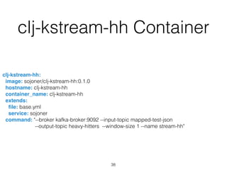 38
clj-kstream-hh Container
clj-kstream-hh:
image: sojoner/clj-kstream-hh:0.1.0
hostname: clj-kstream-hh
container_name: clj-kstream-hh
extends:
ﬁle: base.yml
service: sojoner
command: "--broker kafka-broker:9092 --input-topic mapped-test-json
--output-topic heavy-hitters --window-size 1 --name stream-hh"
 