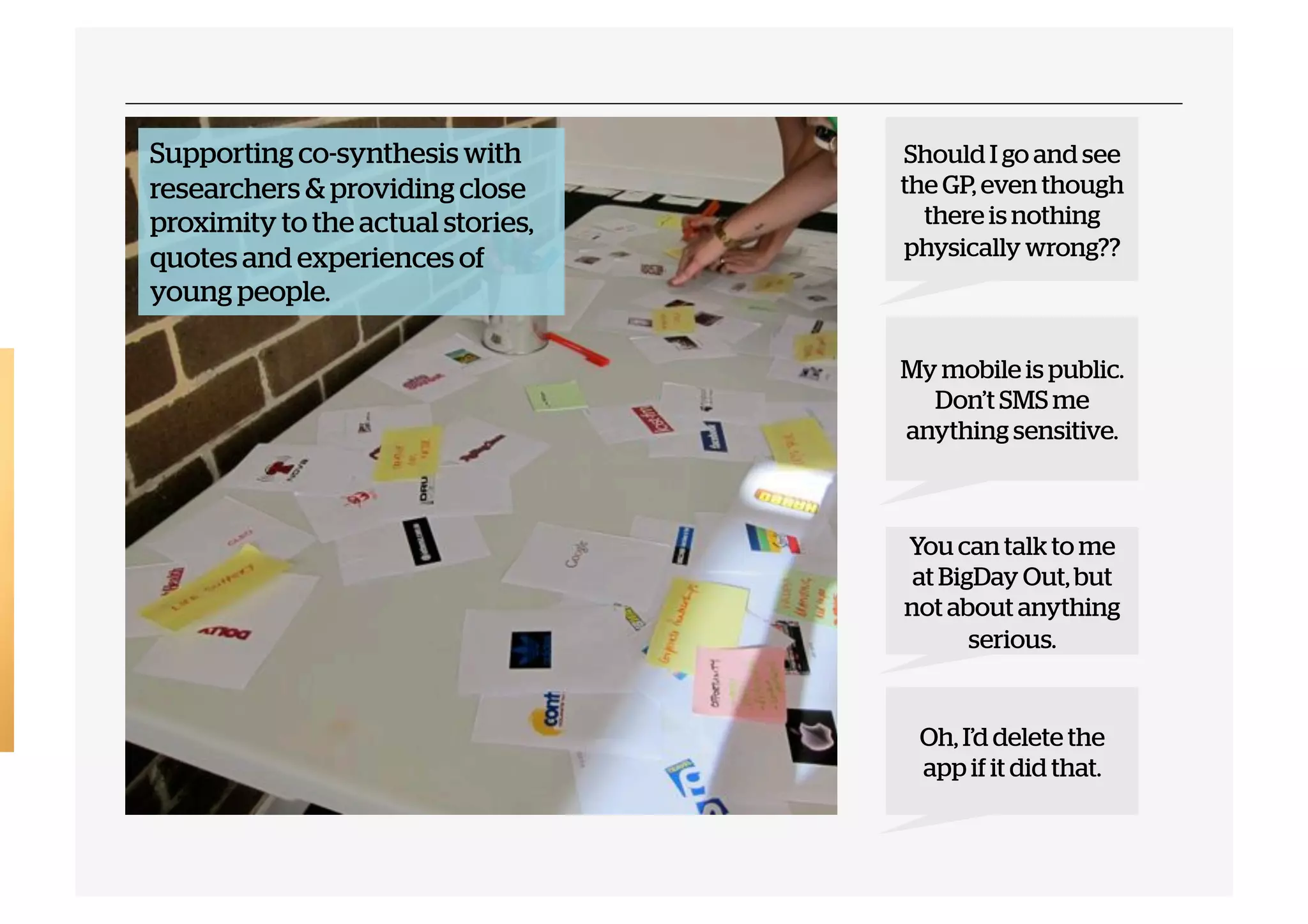 Supporting co-synthesis with
researchers & providing close
proximity to the actual stories,
quotes and experiences of
young people.

Should I go and see
the GP, even though
there is nothing
physically wrong??

My mobile is public.
Don’t SMS me
anything sensitive.

You can talk to me
at BigDay Out, but
not about anything
serious.

Oh, I’d delete the
app if it did that.

 