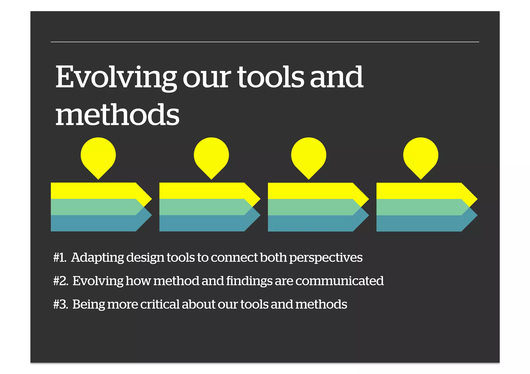 Evolving our tools and
methods

#1. Adapting design tools to connect both perspectives
#2. Evolving how method and findings are communicated
#3. Being more critical about our tools and methods

 