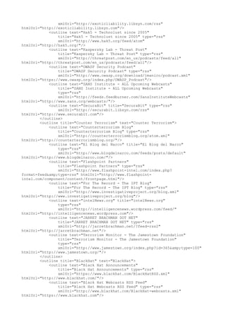 xmlUrl="http://exoticliability.libsyn.com/rss"
htmlUrl="http://exoticliability.libsyn.com"/>
<outline text="Hak5 - Technolust since 2005"
title="Hak5 - Technolust since 2005" type="rss"
xmlUrl="http://www.hak5.org/feed/atom"
htmlUrl="http://hak5.org/"/>
<outline text="Kaspersky Lab - Threat Post"
title="Kaspersky Lab - Threat Post" type="rss"
xmlUrl="http://threatpost.com/en_us/podcasts/feed/all"
htmlUrl="http://threatpost.com/en_us/podcasts/feed/all"/>
<outline text="OWASP Security Podcast"
title="OWASP Security Podcast" type="rss"
xmlUrl="http://www.owasp.org/download/jmanico/podcast.xml"
htmlUrl="https://www.owasp.org/index.php/OWASP_Podcast"/>
<outline text="SANS Institute - ALL Upcoming Webcasts"
title="SANS Institute - ALL Upcoming Webcasts"
type="rss"
xmlUrl="http://feeds.feedburner.com/SansInstituteWebcasts"
htmlUrl="http://www.sans.org/webcasts/"/>
<outline text="SecuraBit" title="SecuraBit" type="rss"
xmlUrl="http://securabit.libsyn.com/rss"
htmlUrl="http://www.securabit.com"/>
</outline>
<outline title="Counter Terrorism" text="Counter Terrorism">
<outline text="Counterterrorism Blog"
title="Counterterrorism Blog" type="rss"
xmlUrl="http://counterterrorismblog.org/atom.xml"
htmlUrl="http://counterterrorismblog.org/"/>
<outline text="El Blog del Narco" title="El Blog del Narco"
type="rss"
xmlUrl="http://www.blogdelnarco.com/feeds/posts/default"
htmlUrl="http://www.blogdelnarco.com/"/>
<outline text="Flashpoint Partners"
title="Flashpoint Partners" type="rss"
xmlUrl="http://www.flashpoint-intel.com/index.php?
format=feed&amp;type=rss" htmlUrl="http://www.flashpoint-
intel.com/component/content/frontpage.html"/>
<outline text="For The Record - The IPT Blog"
title="For The Record - The IPT Blog" type="rss"
xmlUrl="http://www.investigativeproject.org/blog.xml"
htmlUrl="http://www.investigativeproject.org/blog"/>
<outline text="intelNews.org" title="intelNews.org"
type="rss"
xmlUrl="http://intelligencenews.wordpress.com/feed/"
htmlUrl="http://intelligencenews.wordpress.com"/>
<outline text="JARRET BRACHMAN DOT NET"
title="JARRET BRACHMAN DOT NET" type="rss"
xmlUrl="http://jarretbrachman.net/?feed=rss2"
htmlUrl="http://jarretbrachman.net"/>
<outline text="Terrorism Monitor - The Jamestown Foundation"
title="Terrorism Monitor - The Jamestown Foundation"
type="rss"
xmlUrl="http://www.jamestown.org/index.php?id=365&amp;type=100"
htmlUrl="http://www.jamestown.org/"/>
</outline>
<outline title="BlackHat" text="BlackHat">
<outline text="Black Hat Announcements"
title="Black Hat Announcements" type="rss"
xmlUrl="https://www.blackhat.com/BlackHatRSS.xml"
htmlUrl="http://www.blackhat.com/"/>
<outline text="Black Hat Webcasts RSS Feed"
title="Black Hat Webcasts RSS Feed" type="rss"
xmlUrl="http://www.blackhat.com/BlackHat-webcasts.xml"
htmlUrl="https://www.blackhat.com"/>
 