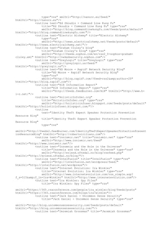 type="rss" xmlUrl="http://nanocr.eu/feed/"
htmlUrl="http://nanocr.eu"/>
<outline text="Ed Skoudis - Command Line Kung Fu"
title="Ed Skoudis - Command Line Kung Fu" type="rss"
xmlUrl="http://blog.commandlinekungfu.com/feeds/posts/default"
htmlUrl="http://blog.commandlinekungfu.com/"/>
<outline text="Electric Alchemy" title="Electric Alchemy"
type="rss"
xmlUrl="http://news.electricalchemy.net/feeds/posts/default"
htmlUrl="http://news.electricalchemy.net/"/>
<outline text="Graham Cluley's blog"
title="Graham Cluley's blog" type="rss"
xmlUrl="http://feeds.sophos.com/en/rss2_0-sophos-graham-
cluley.xml" htmlUrl="http://nakedsecurity.sophos.com"/>
<outline text="GreyLogic" title="GreyLogic" type="rss"
xmlUrl="http://greylogic.us/feed/"
htmlUrl="http://greylogic.us"/>
<outline text="HD Moore - Rapid7 Network Security Blog"
title="HD Moore - Rapid7 Network Security Blog"
type="rss"
xmlUrl="http://blog.rapid7.com/?feed=rss2&amp;author=20"
htmlUrl="http://blog.rapid7.com"/>
<outline text="HiR Information Report"
title="HiR Information Report" type="rss"
xmlUrl="http://feeds.feedburner.com/HiR" htmlUrl="http://www.h-
i-r.net/"/>
<outline text="HolisticInfoSec.org"
title="HolisticInfoSec.org" type="rss"
xmlUrl="http://holisticinfosec.blogspot.com/feeds/posts/default"
htmlUrl="http://holisticinfosec.blogspot.com/"/>
<outline
text="Identity Theft Expert Speaker Protection Prevention
Resource Blog"
title="Identity Theft Expert Speaker Protection Prevention
Resource Blog"
type="rss"
xmlUrl="http://feeds2.feedburner.com/IdentityTheftExpertSpeakerProtectionPrevent
ionResourceBlog" htmlUrl="http://robertsiciliano.com"/>
<outline text="innismir.net" title="innismir.net" type="rss"
xmlUrl="http://www.innismir.net/feed"
htmlUrl="http://www.innismir.net"/>
<outline text="Insomnia and the Hole in the Universe"
title="Insomnia and the Hole in the Universe" type="rss"
xmlUrl="http://erlend.oftedal.no/blog/rssfeed.php"
htmlUrl="http://erlend.oftedal.no/blog/"/>
<outline text="IntelFusion" title="IntelFusion" type="rss"
xmlUrl="http://intelfusion.net/wordpress/feed/"
htmlUrl="http://intelfusion.net/wordpress"/>
<outline text="Internet Evolution: Ira Winkler"
title="Internet Evolution: Ira Winkler" type="rss"
xmlUrl="http://www.internetevolution.com/rss_simple.asp?
f_s=515&amp;f_ln=Ira+Winkler" htmlUrl="http://www.internetevolution.com"/>
<outline text="Ira Winkler: Spy Files"
title="Ira Winkler: Spy Files" type="rss"
xmlUrl="https://365.rsaconference.com/people/ira_winkler/blog/feeds/posts"
htmlUrl="https://365.rsaconference.com/blogs/ira-winkler"/>
<outline text="Jack Daniel - Uncommon Sense Security"
title="Jack Daniel - Uncommon Sense Security" type="rss"
xmlUrl="http://blog.uncommonsensesecurity.com/feeds/posts/default"
htmlUrl="http://blog.uncommonsensesecurity.com/"/>
<outline text="Jeremiah Grossman" title="Jeremiah Grossman"
 