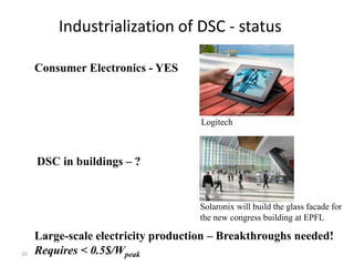 10
Industrialization of DSC - status
Consumer Electronics - YES
Large-scale electricity production – Breakthroughs needed!
Requires < 0.5$/Wpeak
DSC in buildings – ?
Logitech
Solaronix will build the glass facade for
the new congress building at EPFL
 