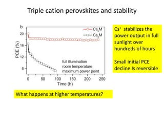 Triple cation perovskites and stability
Cs+ stabilizes the
power output in full
sunlight over
hundreds of hours
Small initial PCE
decline Is reversible
What happens at higher temperatures?
 