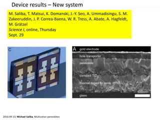2016-09-13, Michael Saliba, Multication perovskites
Device results – New system
M. Saliba, T. Matsui, K. Domanski, J.-Y. Seo, A. Ummadisingu, S. M.
Zakeeruddin, J. P. Correa-Baena, W. R. Tress, A. Abate, A. Hagfeldt,
M. Grätzel
Science I, online, Thursday
Sept. 29
 