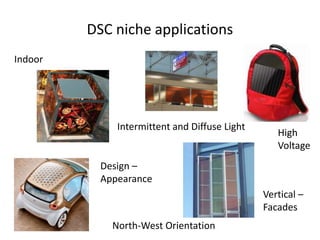 DSC niche applications
Vertical –
Facades
North-West Orientation
Intermittent and Diffuse Light
Design –
Appearance
Indoor
High
Voltage
 