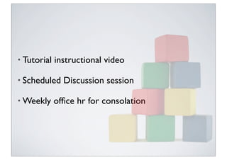 • Tutorial instructional video
• Scheduled Discussion session
• Weekly ofﬁce hr for consolation
 