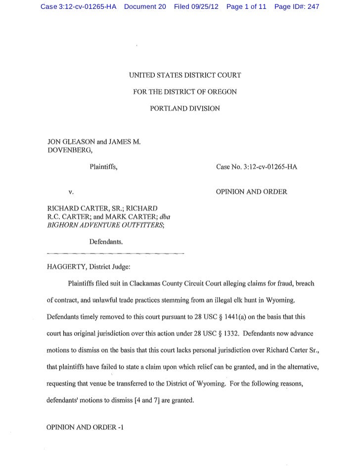 dovenberg v carter order oregon form 20 v