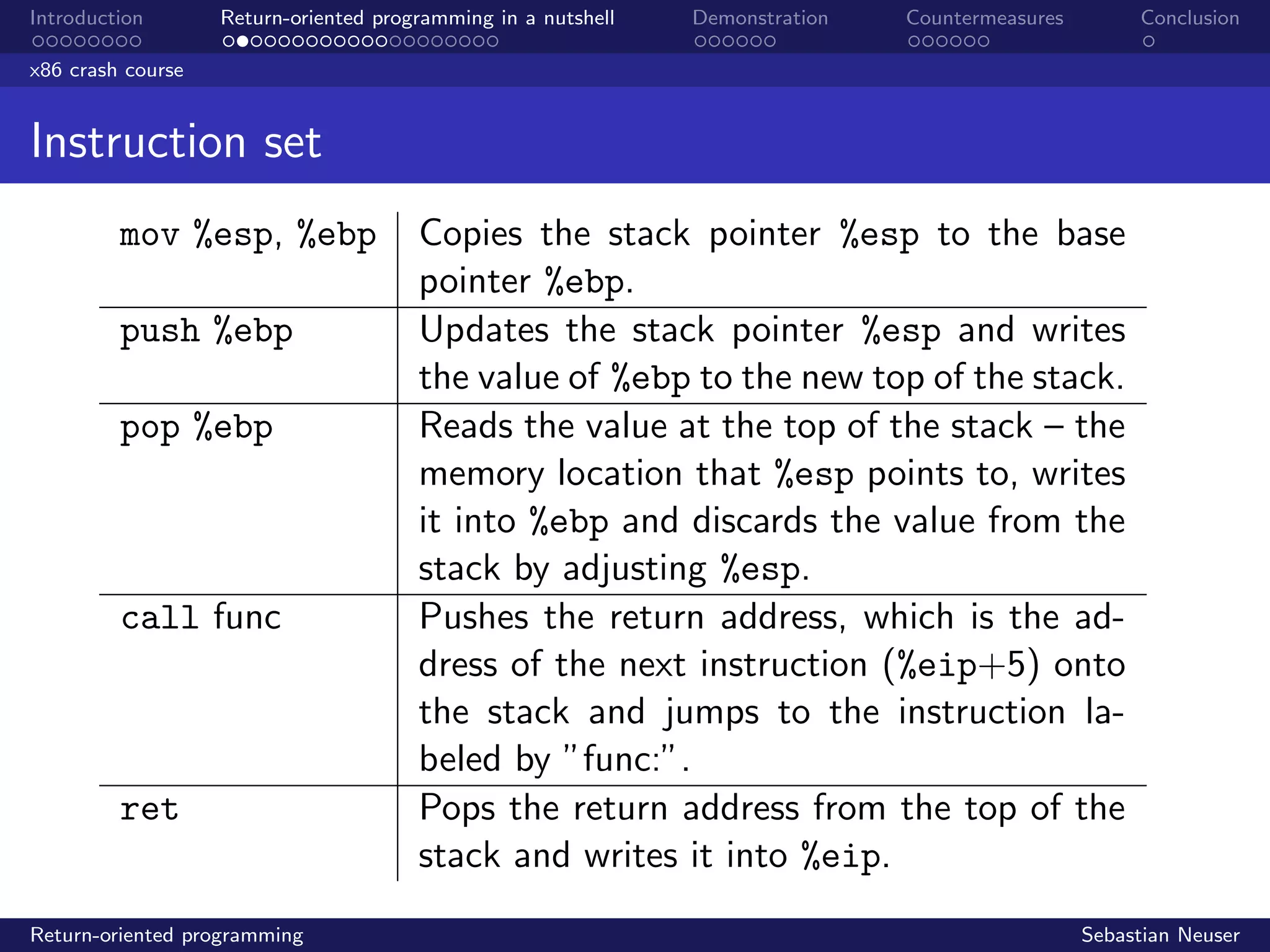 Introduction Return-oriented programming in a nutshell Demonstration Countermeasures Conclusion
x86 crash course
Instruction set
mov %esp, %ebp Copies the stack pointer %esp to the base
pointer %ebp.
push %ebp Updates the stack pointer %esp and writes
the value of %ebp to the new top of the stack.
pop %ebp Reads the value at the top of the stack – the
memory location that %esp points to, writes
it into %ebp and discards the value from the
stack by adjusting %esp.
call func Pushes the return address, which is the ad-
dress of the next instruction (%eip+5) onto
the stack and jumps to the instruction la-
beled by ”func:”.
ret Pops the return address from the top of the
stack and writes it into %eip.
Return-oriented programming Sebastian Neuser
 