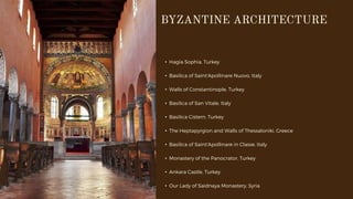 • Hagia Sophia, Turkey
• Basilica of Saint'Apollinare Nuovo, Italy
• Walls of Constantinople, Turkey
• Basilica of San Vitale, Italy
• Basilica Cistern, Turkey
• The Heptapyrgion and Walls of Thessaloniki, Greece
• Basilica of Saint'Apollinare in Classe, Italy
• Monastery of the Panocrator, Turkey
• Ankara Castle, Turkey
• Our Lady of Saidnaya Monastery, Syria
 
